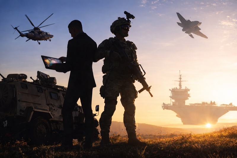 Military and civilian professionals collaborating on strategic operations