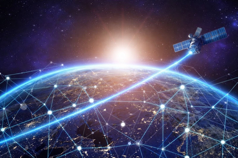 Satellite orbiting Earth with global network connections, representing strategic reach